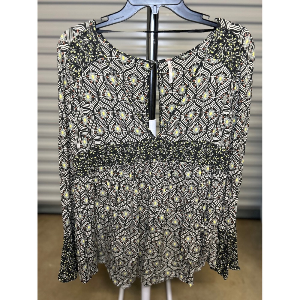 Free People Top Women Medium Black Geometric Floral Babydoll Boho Tunic Peasant